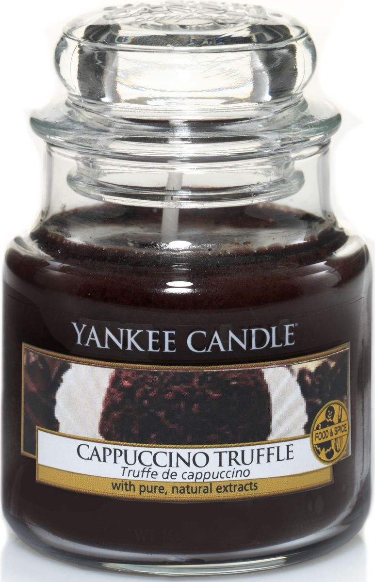 Ароматическая свеча Yankee Candle Капуччино трюфель / Capuccino Truffle, 25-45 ч1332233E Ароматическая свеча Yankee Candle Капуччино трюфель / Capuccino Truffle, 25-45 ч1332233EАроматическая свеча Yankee Candle не только окутает вас волшебным ароматом, но еще и прекрасно впишется в интерьер. Использовать изделие можно как в доме, так и на веранде или в саду. Свеча в стеклянной банке с крышкой выполнена из высокоочищенного парафина с добавлением натуральных эфирных масел. Стекло делает горение свечи безопасным.Описание ароматической композиции: жареный кофе с сочным бархатистым шоколадом.Верхняя нота: Капучино.Средняя нота: Молочный шоколад, Ванильный крем.Базовая нота: Сахар.