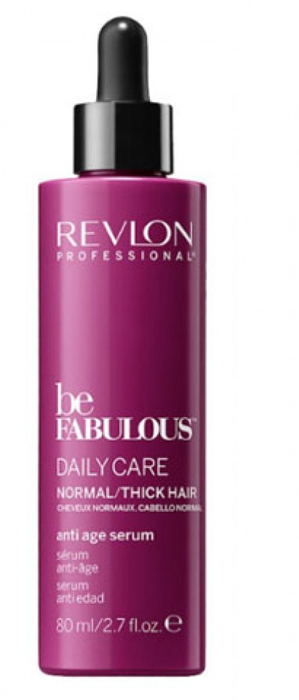 Revlon Professional Be Fabulous C.R.E.A.M. Anti-Age Serum For Normal Thick Hair Антивозрастная сыворотка для нормальных/густых волос, 80 мл7222484000 Revlon Professional Be Fabulous C.R.E.A.M. Anti-Age Serum For Normal Thick Hair Антивозрастная сыворотка для нормальных/густых волос, 80 мл7222484000Антивозрастная сыворотка для нормальных или густых волос испанского бренда Revlon Professioanal. Предназначена для питающего восстанавливающего ухода, обладает мультиухаживающим эффектом: обеспечивает сохранение цвета, восстановление, блеск, антивозрастной эффект и увлажнение. Не утяжеляет и не склеивает волосы. Облегчает процесс расчесывания и укладки.Применение: нанести сыворотку для нормальных и густых волос Revlon по всей длине волос, не смывать. Для достижения эффекта профессионально ухоженных сияющих волос рекомендуется дополнительное использование очищающего шампуня и кондиционера для нормальных или густых волос серии Be Fabulous Cream Revlon.Объем: 80 мл