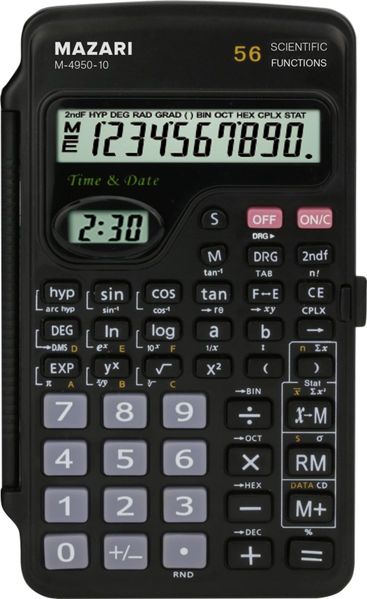 Mazari Настольный калькулятор М-4950-10М-4950-10 Mazari Настольный калькулятор М-4950-10М-4950-10Калькулятор научный Mazari имеет 10 разрядов, 56 функций. Питание от батарейки. Корпус-книжка выполнен из пластика.