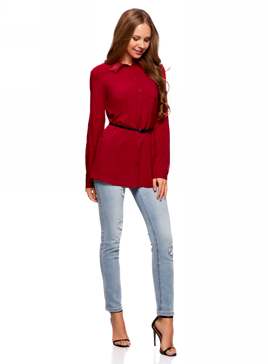 Блузка женская oodji Collection, цвет: красный. 21412057-4B/24681/4501N. Размер 40-170 (46-170)21412057-4B/24681/4501N Блузка женская oodji Collection, цвет: красный. 21412057-4B/24681/4501N. Размер 40-170 (46-170)21412057-4B/24681/4501NЖенская блузка от oodji выполнена из вискозы. Модель свободного кроя с длинными рукавами и отложным воротником застегивается на пуговицы. Имеются нагрудные карманы. В комплект входит ремешок из искусственной кожи.
