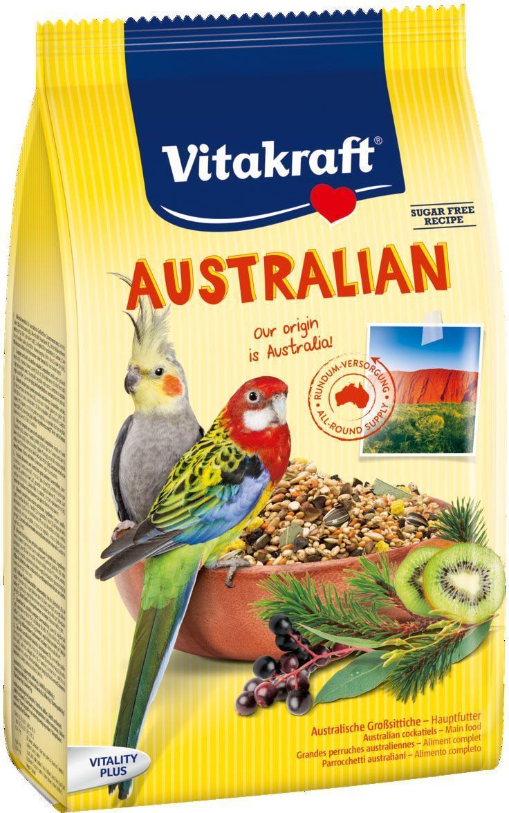 Корм для средних попугаев Vitakraft Australian, 750 г21644 Корм для средних попугаев Vitakraft Australian, 750 г21644Основной корм, соответствующий корму на экзотической родине. Содержит все жизненно важные вещества, гравий для регулирования кишечной функции, бета-глюкан для поддержания иммунитета. Состав: злаки, дикие семена, минералы, фрукты, семена деревьев хвойных пород, листья эвкалипта, цветки кактуса, семена чертополоха, субпродукты растительного происхождения, экстракт растительного протеина, дрожжи. Добавки на кг: витамин А - 8000 МЕ, витамин D3 - 900 МЕ, витамин Е - 50 мг, витамин Е5 (магний) - 65 мг, витамин Е6 (цинк) - 50 мг, витамин Е4 (медь) - 8 мг, витамин Е2 (йод) - 0,4 мг, биотин - 20 мг. Пищевая ценность на 100 г: белок - 12,4 г, жиры - 7,9 г, клетчатка - 9,7 г, зола - 5,5 г. Товар сертифицирован.