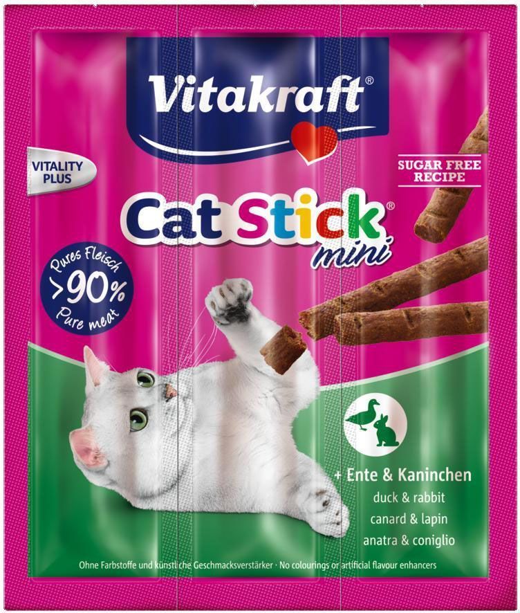 Лакомство для кошек Vitakraft Cat-Stick Mini, мясные колбаски с уткой и кроликом, 3 х 6 г18200 Лакомство для кошек Vitakraft Cat-Stick Mini, мясные колбаски с уткой и кроликом, 3 х 6 г18200Натуральные мясные колбаски без красителей и консервантов. Служат вкусным, питательным дополнением к основному корму, используются также для поощрения кошек. Состав: мясо и мясные субпродукты (утка - 6%, кролик - 6%), дрожжи, минеральные вещества, сахар.Гарантированный анализ: Протеин - 31,0% Жиры - 22,0% Клетчатка - 2,0% Зола - 9,0%. Товар сертифицирован.