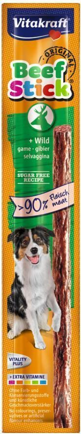 Лакомство для собак Vitakraft Beef-Stick, мясная колбаска с олениной, 12 г26501 Лакомство для собак Vitakraft Beef-Stick, мясная колбаска с олениной, 12 г26501Натуральные мясные колбаски, без консервантов, красящих веществ и искусственных усилителей вкуса. Используются в качестве дополнения к основному корму и для поощрения при дрессировке. Состав: мясо и мясные субпродукты (84%, минимальное содержание дичи - 50%), масла и жиры, минералы, растительные субпродукты, злаки. Пищевая ценность на 100 г: протеин - 29 г, жир - 26 г, клетчатка - 3 г, зола - 8,8 г, влага - 33 г, кальций - 1,2 г, фосфор -0,6 г, витамины: А, Д3, Е. Товар сертифицирован.