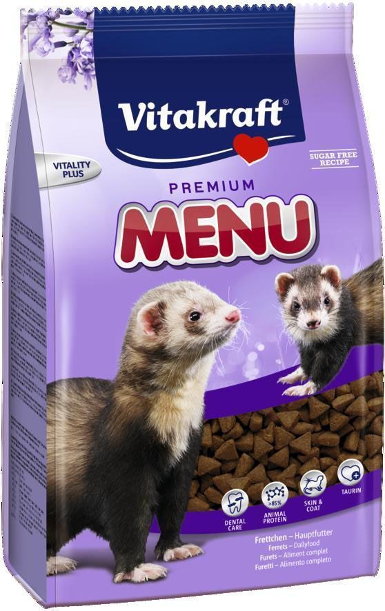 Корм сухой для хорьков Vitakraft Menu, 800 г28603 Корм сухой для хорьков Vitakraft Menu, 800 г28603Полнорационный корм для хорьков. Содержит высококачественный животный белок для полноценной жизни, биотин и цинк для здоровья кожи и шерсти, таурин укрепляет сердечную функцию и сетчатку глаз. Специальная форма крокетов поддерживает здоровье зубов. Состав: мясо и мясные субпродукты (42,4%, из которых 24,4% мясо домашнейптицы), злаки, масла и жиры, производные растительного происхождения,рыба и рыбные субпродукты (5,5%).Товар сертифицирован.