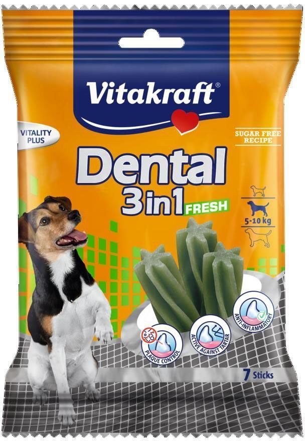 Лакомство Vitakraft Dental 3in1 Fresh для собак 4-10 кг, жевательные палочки, 7 шт30891 Лакомство Vitakraft Dental 3in1 Fresh для собак 4-10 кг, жевательные палочки, 7 шт30891Жевательные палочки для собак предотвращают образование зубного камня, удаляют налет и уменьшают запах изо рта. Предохраняют от заболеваний полости рта. На мясной основе с добавлением масла мяты. Товар сертифицирован.