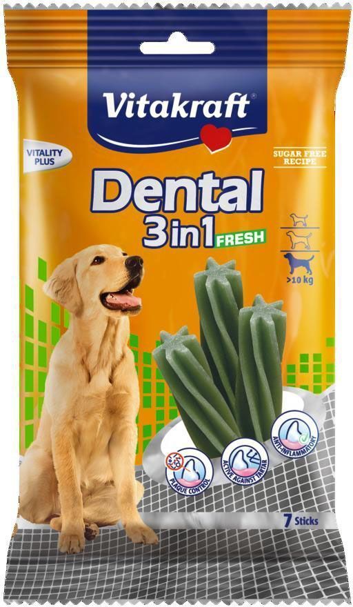 Лакомство Vitakraft Dental 3in1 Fresh для собак от 10 кг, жевательные палочки, 7 шт30892 Лакомство Vitakraft Dental 3in1 Fresh для собак от 10 кг, жевательные палочки, 7 шт30892Жевательные палочки для собак предотвращают образование зубного камня, удаляют налет и уменьшают запах изо рта. Предохраняют от заболеваний полости рта. На мясной основе с добавлением масла мяты. Товар сертифицирован.