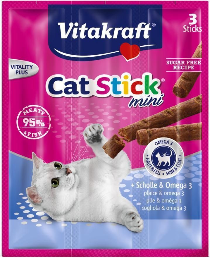 Лакомство для кошек Vitakraft Cat-Stick Mini, мясные колбаски с камбалой и Омега 3, 3 х 6 г31218 Лакомство для кошек Vitakraft Cat-Stick Mini, мясные колбаски с камбалой и Омега 3, 3 х 6 г31218Натуральные мясные колбаски без красителей и консервантов. Служат вкусным, питательным дополнением к основному корму, используются также для поощрения кошек.