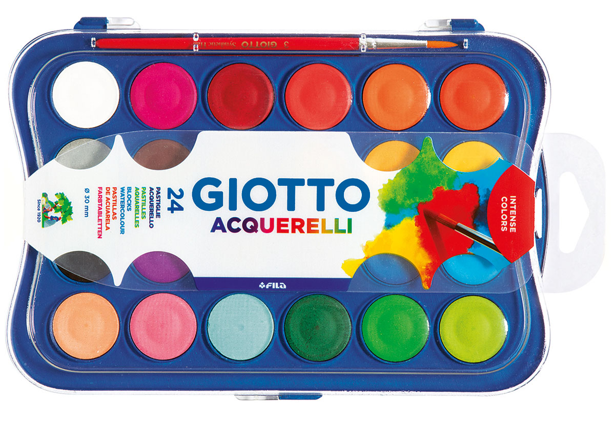 Giotto Акварель Colour Blocks 24 цвета352400 Giotto Акварель Colour Blocks 24 цвета352400Сухая акварель в таблетках, 24 цвета Спрессованный концентрированный цветовой пигмент, диаметр таблеток 30 мм. Интенсивные цвета идеально смешиваются между собой и размываются до полной прозрачности водой. Быстро высыхает на поверхности листа. Легко отмывается от рук. В наборе с кистью.