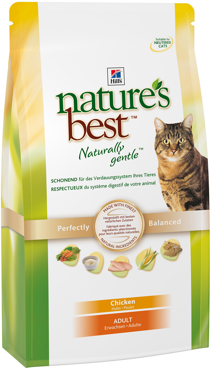 Корм сухой Hills Natures Best для взрослых кошек, с курицей и овощами, 300 г5266 Корм сухой Hills Natures Best для взрослых кошек, с курицей и овощами, 300 г5266Рацион Hills Natures Best Naturally Gentle Feline Adult разработан для удовлетворения пищевых потребностей взрослых кошек старше 1 года. Рацион помогает поддерживать здоровое пищеварение и сильный иммунитет у вашего питомца и обеспечивают полноценное, точно сбалансированное питание для того, чтобы ваша кошка всегда оставалась здоровой и активной. Ключевые преимущества: Оказывает мягкое действие на пищеварительную систему. Изготовлен из превосходных натуральных ингредиентов. Точный баланс питательных веществ. Подходит для кормления стерилизованных кошек. Не содержит искусственных красителей, ароматизаторов и консервантов. Эффективный комплекс антиоксидантов для иммунной системы. Содержит Омега-3 и Омега-6 жирные кислоты для здоровой кожи и сияющей шерсти. Без добавления ингредиентов, которые могут вызывать расстройства ЖКТ и заболевания кожи.Состав: курица (минимум 26% курицы, 40% мяса курицы и индейки): мука из мяса курицы и индейки, кукуруза, мука из кукурузного глютена, животный жир, рис, коричневый рис, гидролизат белка, ячмень, овсяная крупа, сухая мякоть свеклы, высушенная морковь, высушенный горох, томатные выжимки, порошок шпината, мякоть цитрусовых, виноградные выжимки, рыбий жир, L-карнитин, L-лизина гидрохлорид, витамины, DL-метионин, клетчатка овса, таурин, L-триптофан, микроэлементы и бета-каротин. Содержит натуральные консерванты - смесь токоферолов, лимонную кислоту и экстракт розмарина. Окрашено оксидом железа.Среднее содержание нутриентов: бета-каротин 1,5 мг/кг, витамин А 6490 МЕ/кг, витамин С 100 мг/кг, витамин D 580 МЕ/кг, витамин Е 550 мг/кг, влага 5,5%, жиры 20,8%, калий 0,8%, кальций 0,85%, клетчатка 2%, магний 0,071%, натрий 0,38%, омега-3 жирные кислоты 0,4%, омега-6 жирные кислоты 3,2%, протеин 32,6%, таурин 1540 мг/кг, углеводы 33%, фосфор 0,68%, L-карнитин 490 мг/кг.Товар сертифицирован.