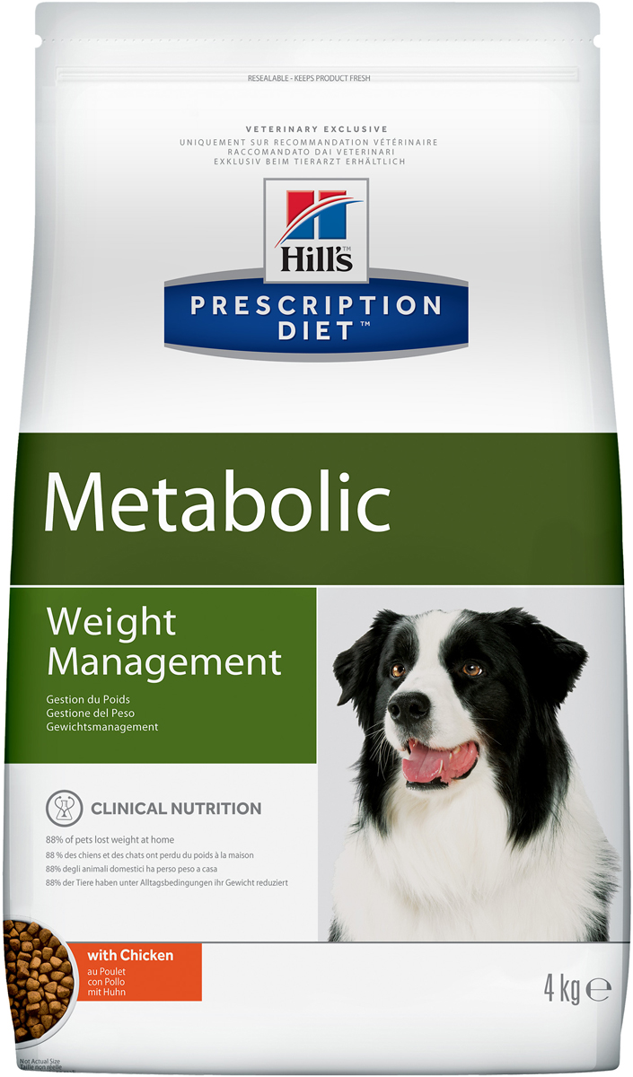 Корм сухой диетический Hills Metabolic для собак, для коррекции веса, 4 кг2098 Корм сухой диетический Hills Metabolic для собак, для коррекции веса, 4 кг2098Сухой диетический корм для собак Hills - полноценный диетический рацион для собак, предназначенный для снижения избыточной массы тела и поддержания оптимального веса. Данный рацион обладает пониженной энергетической ценностью. Ключевые преимущества: - клинически доказанное безопасное и эффективное улучшение обмена веществ у собаки, - безопасная потеря до 28% жира за 2 месяца, - предотвращает повторный набор веса при соблюдении программы по похуданию, - прекрасные вкусовые и питательные качества. Состав: мясо и производные животного происхождения, злаки, экстракты растительного белка, производные растительного происхождения, овощи, семена, масла и жиры, минералы. Анализ: белок 26,2%, жир 10,8%, сырая клетчатка 13,0%, сырая зола 5,1%, кальций 0,77%, фосфор 0,61%, натрий 0,27%, калий 0,82%; на кг: витамин E 500 мг, витамин С 90 мг, бета-каротин 1,5 мг. Добавки на кг: E672 (витамин А) 27 360 ME, E671 (витамин D3) 1 610 ME, E1 (железо) 248 мг, E2 (йод) 2,5 мг, E4 (медь) 31,5 мг, E5 (марганец) 149 мг, E6 (цинк) 211 мг, E8 (селен) 0,5 мг, с натуральным консервантом и натуральными антиоксидантами. Товар сертифицирован.Уважаемые клиенты! Обращаем ваше внимание на возможные изменения в дизайне упаковки. Качественные характеристики товара остаются неизменными. Поставка осуществляется в зависимости от наличия на складе.
