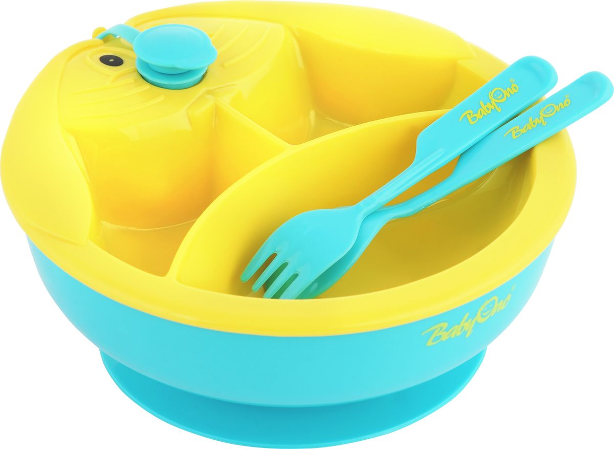 BabyOno Тарелка с подогревающим дном цвет желтый бирюзовый237_желтый ,бирюзовый BabyOno Тарелка с подогревающим дном цвет желтый бирюзовый237_желтый ,бирюзовыйПрактичная и функциональная тарелка с подогревающим дном BabyOno станет незаменимым помощником при кормлении малыша. Подогреваемое дно миски позволяет дольше поддерживать соответствующую температуру пищи - достаточно наполнить подставку тарелки теплой водой, и она будет согревать пищу, что позволит малышу не спешить и сделает кормление более комфортным для родителей. Три секции позволяют разделить пищу, а присоска на дне предотвращает перемещение миски по столу. Такая тарелка идеально подойдет для освоения навыков самостоятельного приёма пищи. Она изготовлена из безопасных материалов, предназначенных для контакта с пищей. В комплект входят столовые приборы - ложка и вилка.