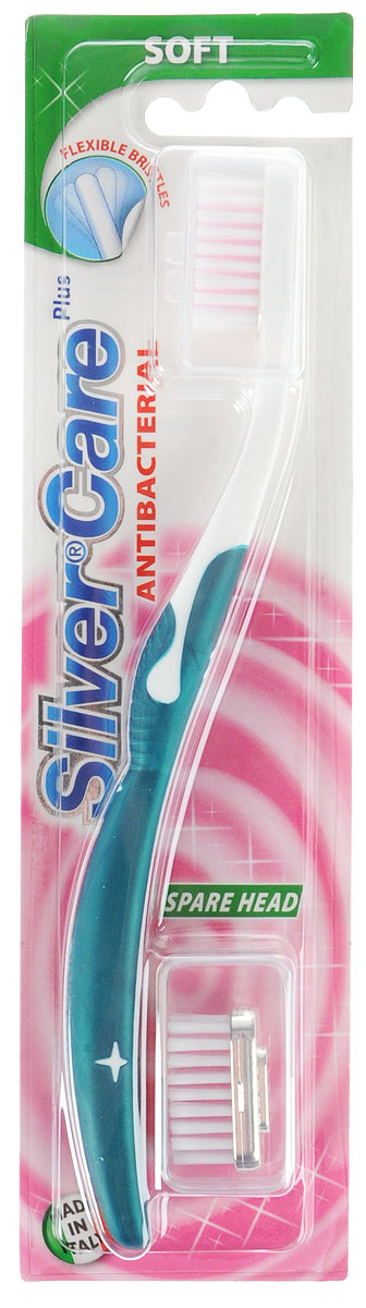 Silver Care Зубная щетка Plus, мягкая, цвет: бирюзовый23336 Silver Care Зубная щетка Plus, мягкая, цвет: бирюзовый23336Антибактериальная зубная щетка с мягкой щетиной Silver Care Plus рекомендуется при повышенном образовании зубного камня, в том числе курильщикам, любителям кофе, чая. Жесткие отбеливающие щетинки содержат карбонат кальция, что способствует эффективному удалению пятен.Базовая поверхность головки зубной щетки покрыта серебром 999 пробы. В комплекте - дополнительная сменная головка.