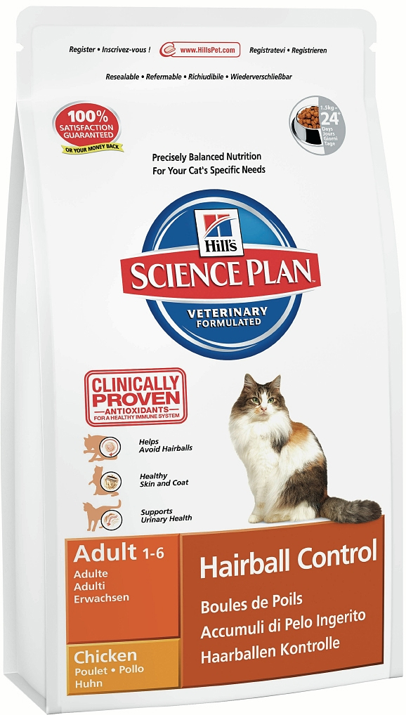 Корм сухой для кошек Hills Hairball Control, для вывода шерсти из желудка, с курицей, 300 г5284 Корм сухой для кошек Hills Hairball Control, для вывода шерсти из желудка, с курицей, 300 г5284Сухой корм Hills разработан специально для снижения риска формирования комков шерсти и обеспечения всеми питательными веществами взрослых кошек с момента полового созревания (12 месяцев) и до 6 лет. Высокий уровень растительных волокон способствует выведению поглощенной шерсти из пищеварительной системы, тем самым, сокращая вероятность образования комков шерсти и последующей регургитации или рвоты. Состав: курица (минимум 46% курицы, 62% общего содержания мяса домашней птицы): мука из мяса домашней птицы, молотая кукуруза, животный жир, мука из маисового глютена, целлюлоза, молотый рис, калия хлорид, гидролизат белка, растительное масло, кальция сульфат, соль, DL-метионин, таурин, витамины и микроэлементы. Содержит натуральные консерванты - смесь токоферолов, лимонную кислоту и экстракт розмарина. Средний анализ: белок 31,1%, жир 20,1%, углеводы 27,6%, клетчатка 7,5%, влага 8,5%, кальций 0,82%, фосфор 0,65%, натрий 0.31 %, витамин А 10200 МЕ/кг, витамин D3 520МЕ/кг, витамин Е 550 мг/кг, витамин С 70мг/кг, омега-3 ЖК 0,27%, омега-6 ЖК 3,61%. Товар сертифицирован.