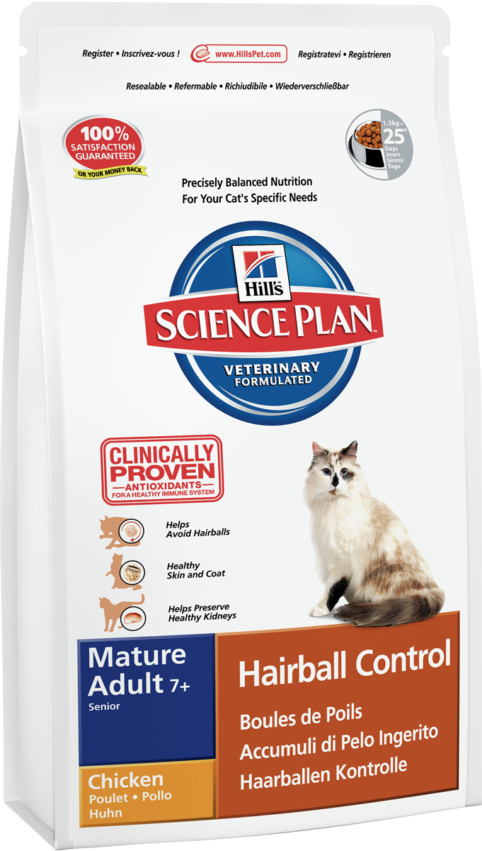 Корм сухой Hills Hairball Control для пожилых кошек, для вывода шерсти из желудка, с курицей, 1,5 кг7610 Корм сухой Hills Hairball Control для пожилых кошек, для вывода шерсти из желудка, с курицей, 1,5 кг7610Корм сухой Hills предназначен для пожилых кошек. Помогает предотвратить образование волосяных комочков. Рецептура с антиоксидантами с клинически подтвержденным эффектом и оптимальным уровнем фосфора подходит для ежедневного кормления. Ключевые преимущества: Технология применения натуральной клетчатки помогает снижать образование волосяных комочков. Незаменимые нутриенты для снижения выпадения шерсти. Антиоксидантные витамины Е и С для сохранения функции почек. 100% гарантия качества, консистенции и вкуса. Состав: курица (минимум 30% курицы, 50% общего содержания мяса домашней птицы): мука из мяса домашней птицы, молотая кукуруза, мука из маисового глютена, животный жир, молотый рис, порошок целлюлозы, гидролизат белка, мука из тунца, растительное масло, мука из гороховых отрубей, калия хлорид, L-лизина гидрохлорид, кальция карбонат, соль, сухие дрожжи, таурин, DL-метионин, витамины и микро элементы. Содержит натуральные консерванты - смесь токоферолов, лимонную кислоту и экстракт розмарина. Среднее содержание нутриентов в рационе: протеины 31,9%, жиры 17,9%, углеводы 29,2%, клетчатка (общая) 7,8%, влага 8%, кальций 0,83%, фосфор 0,67%, натрий 0,34%, калий 0,76%, магний 0,06%, Омега-3 жирные кислоты 0,28%, Омега-6 жирные кислоты 3,29%, витамин A 4954 МЕ/кг, витамин D 483 МЕ/кг, витамин E 550 мг/кг, витамин С 70 мг/кг, бета-каротин 1,5 мг/кг. Энергетическая ценность: 365 Ккал/100 г. Товар сертифицирован.