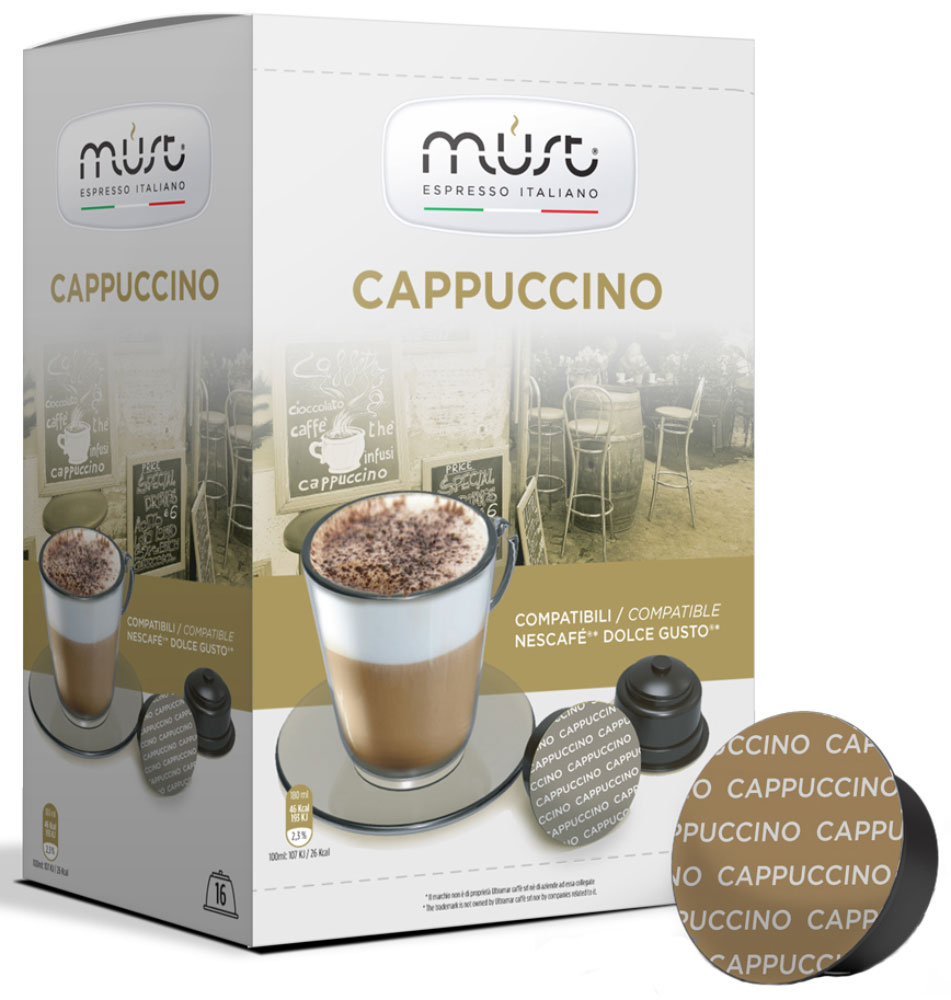 MUST DG Cappucino кофе капсульный, 16 шт8056370761357 MUST DG Cappucino кофе капсульный, 16 шт8056370761357Кофе в капсулах MUST DG Cappucino - пример итальянского качества и мастерства обжарки кофейных зерен. Молотый кофе прессуется по новейшим инновационным технологиям, позволяющим сохранить восхитительный кофейный вкус и аромат. Этот кофе отличается густой плотной пенкой, нежным вкусом и удивительным интенсивным ароматом. Капсулы MUST DG Cappucino позволяют варить изысканный капучино с устойчивой бархатистой пенкой.Уважаемые клиенты! Обращаем ваше внимание на то, что упаковка может иметь несколько видов дизайна. Поставка осуществляется в зависимости от наличия на складе.