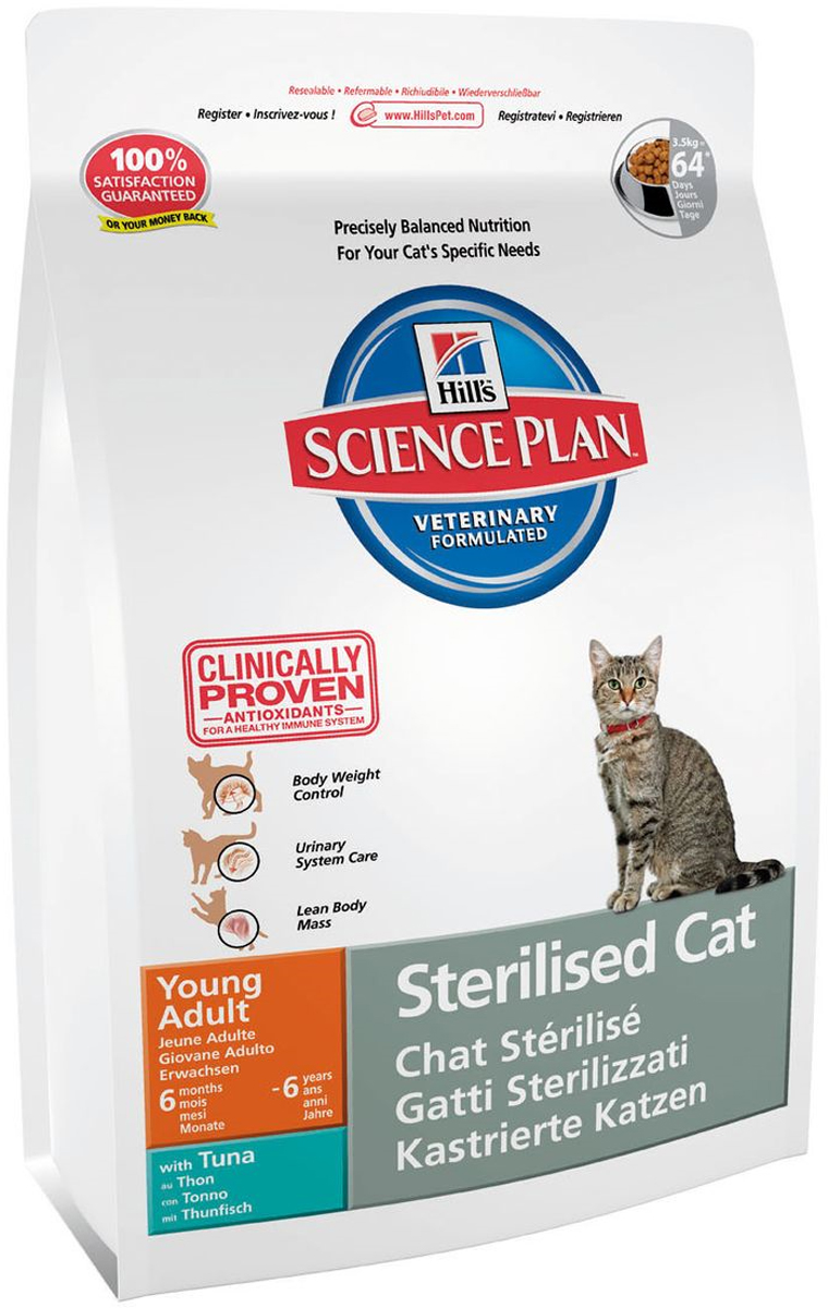 Корм_сухой_Hill~s_~Science_Plan_Feline_Young_Adult_Sterilised_Cat~_для_стерилизованных_кошек_от_6_месяцев_до_6_лет,_тунец,_3,5_кг Рекомендуется•_Для_молодых_стерилизованных_кошек_обоих_полов_в_возрасте_от_6_мес_до_6_лет_Не_рекомендуется•_Котятам_до_6_месяцев.•_Беременным_и_лактирующим_кошкам._В_период_беременности_рекомендуется_перевести_кошку_на_Science_Plan™_Kitten_Healthy_DevelopmentTM._Дополнительная_информация•_Содержит_Hill’s™_WMF™_(Формулу_Контроля_Веса).Ингредиенты_сухого_рационас_Тунцом_(8%25):_Кукуруза,_мука_из_мяса_домашней_птицы,_мука_из_кукурузного_глютена,_мука_из_тунца,_животный_жир,_минералы,_L-лизин,_гидролизат_белка,_рыбий_жир,_льняное_семя,_DL-метионин,_L-карнитин,_рис,_таурин,_витамины_и_микроэлементы.СРЕДНЕЕ_СОДЕРЖАНИЕ_НУТРИЕНТОВ_В_рационеПротеин_32,2_%25Жиры_10,7_%25Углеводы_(БЭВ)_44,6_%25Клетчатка_(общая)_1,4_%25Влага_5,5_%25Кальций_0,77_%25Фосфор_0,72_%25Натрий_0,43_%25Калий_0,85_%25Магний_0,08_%25Омега-3_жирные_кислоты_0,81_%25Омега-6_жирные_кислоты_2,42_%25Таурин_2_360_мг/кгL-карнитин_470_мг/кгВитамин_A109_872_МЕ/кгВитамин_D10794_МЕ/кгВитамин_E10550_мг/кгВитамин_C1070_мг/кгБета-каротин_1,5_мг/кг