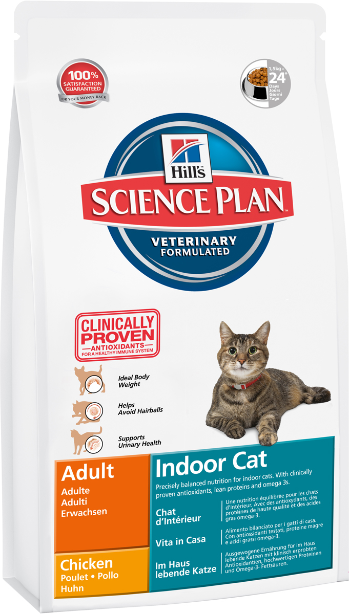 Корм сухой Hills Indoor Cat для кошек домашнего содержания, с курицей, 4 кг9901 Корм сухой Hills Indoor Cat для кошек домашнего содержания, с курицей, 4 кг9901Сухой корм Hills Science Plan Indoor Cat предназначен для кошек в возрасте от 1 года до 6 лет. Это полноценное, точно сбалансированное питание, приготовленное из ингредиентов высокого качества, без добавления красителей и консервантов. Рацион Science Plan содержит эксклюзивный комплекс антиоксидантов с клинически подтвержденным эффектом для поддержки иммунной системы вашего питомца. Рекомендуется взрослым кошкам, живущим в основном, или исключительно в домашних условиях. Корм Science Plan Indoor Cat Adult разработан специально для потребностей кошек, живущих исключительно в домашних условиях. Его формула помогает снизить формирование комков шерсти и обеспечивает эффективный контроль веса тела. Высокий уровень растительных волокон способствует продвижению проглоченных волос через пищеварительную систему, уменьшая их аккумуляцию в комки шерсти и последующую регургитацию или срыгивание. Этот сбалансированный корм со сниженной энергетической ценностью помогает контролировать вес тела, путем замены перевариваемых компонентов на неперевариваемые волокна, что увеличивает объем корма и не вызывает голода. Добавление L-карнитина обеспечивает ограничение отложения жира и поддержание сухой мышечной массы. Способствует образованию более кислого рН мочи, а контролируемое содержание минералов способствует профилактике заболеваний мочевыводящих путей. Для лучшего эффекта корм Science Plan Indoor Cat Adult необходимо скармливать без добавления другой еды. Корм также содержит улучшенную Антиоксидантную Формулу для снижения окислительных повреждений клеток. Состав: курица (минимум 40% курицы, 53% общего содержания мяса домашней птицы), мука из мяса домашней птицы, молотая кукуруза, молотый рис, мука из маисового глютена, целлюлоза, гидролизат белка, животный жир, растительное масло, калия хлорид, кальция карбонат, добавлен L-карнитин, кальция сульфат, соль, DL-метионин, таурин, витамины и микроэлементы. Содержит натуральные консерванты - смесь токоферолов, лимонную кислоту и экстракт розмарина. Среднее содержание нутриентов в рационе: протеины 31,3%, жиры 8,2%, углеводы 38,4%, клетчатка (общая) 7,6%, влага 9%, кальций 0,91%, фосфор 0,65%, натрий 0,27%, калий 0,73%, магний 0,07%, омега-3 жирные кислоты 0,17%, омега-6 жирные кислоты 2,46%, таурин 0,16%, L-карнитин 470 мг/кг, витамин А 9740 МЕ/кг, витамин D 495 МЕ/кг, витамин Е 550 мг/кг. Товар сертифицирован.