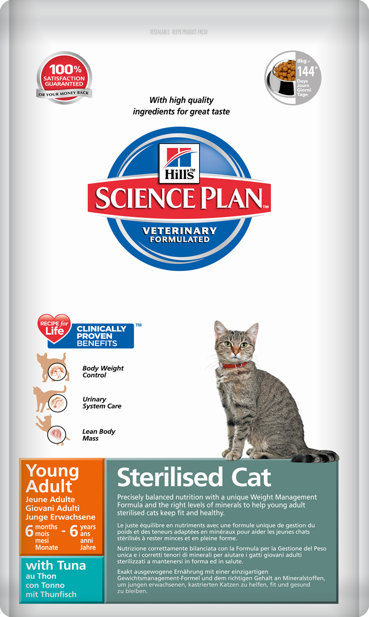Корм сухой Hills Science Plan Feline Young Adult Sterilised Cat для стерилизованных кошек от 6 месяцев до 6 лет, тунец, 8 кг10293 Корм сухой Hills Science Plan Feline Young Adult Sterilised Cat для стерилизованных кошек от 6 месяцев до 6 лет, тунец, 8 кг10293Hill’s Science Plan - это полноценное, точно сбалансированное питание, приготовленное из ингредиентов высокого качества, без добавления красителей и консервантов. Каждый рацион Science Plan содержит эксклюзивный комплекс антиоксидантов с клинически подтвержденным эффектом для поддержки иммунной системы Вашего питомца. Если вы решили перевести вашу кошку на рацион Hills Science Plan, это необходимо сделать постепенно в течение 7 дней. Смешивайте прежний корм с новым, постоянно увеличивая долю последнего до полного перехода на Hills Science Plan. Тогда ваш питомец сможет в полной мере насладиться вкусом и преимуществами превосходного питания, которое обеспечивает рацион Hills Science Plan. Рекомендуется • Для молодых стерилизованных кошек обоих полов в возрасте от 6 мес до 6 лет Не рекомендуется • Котятам до 6 месяцев. • Беременным и лактирующим кошкам. В период беременности рекомендуется перевести кошку на Science Plan Kitten Healthy Development.Ключевые преимущества • Содержит Hill’s WMF (Формулу Контроля Веса) • Энергетическая ценность, содержание жира снижены, что помогает предотвратить набор веса • Добавлен L-карнитин, облегчает превращение жиров в энергию, ограничивая их отложение • Добавлен L-лизин, что помогает предотвратить потерю мышечной массы • Контролируемое содержание фосфора и магния, что способствует здоровью почек и мочевыводящих путей • pH мочи кислый 6.2-6.4. Поддерживает здоровье мочевыводящих путей во взрослом возрасте • Добавлена суперантиоксидантная формула, которая нейтрализует свободные радикалы и поддерживает здоровье иммунной системы.Ингредиенты сухого рациона с Тунцом (8%): Кукуруза, мука из мяса домашней птицы, мука из кукурузного глютена, мука из тунца, животный жир, минералы, L-лизин, гидролизат белка, рыбий жир, льняное семя, DL-метионин, L-карнитин, рис, таурин, витамины и микроэлементы.СРЕДНЕЕ СОДЕРЖАНИЕ НУТРИЕНТОВВ рационе Протеин 32,2 % Жиры 10,7 % Углеводы (БЭВ) 44,6 % Клетчатка (общая) 1,4 % Влага 5,5 % Кальций 0,77 % Фосфор 0,72 % Натрий 0,43 % Калий 0,85 % Магний 0,08 % Омега-3 жирные кислоты 0,81 % Омега-6 жирные кислоты 2,42 % Таурин 2 360 мг/кг L-карнитин 470 мг/кг Витамин A 9 872 МЕ/кг Витамин D 794 МЕ/кг Витамин E 550 мг/кг Витамин C 70 мг/кг Бета-каротин 1,5 мг/кгМЕТАБОЛИЗИРУЕМАЯ ЭНЕРГИЯВ рационе Ккал/100 г 360 кДж/100 г 1 505 рН мочи 6,2 - 6,4