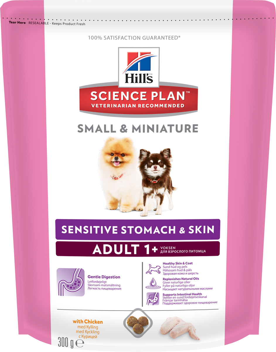 Корм сухой для собак миниатюрных размеров Hills Science Plan Canine Adult 1+ Small & Miniature Sensitive Stomach&Skin, чувстительный желудок и кожа, курица, 300 г10515 Корм сухой для собак миниатюрных размеров Hills Science Plan Canine Adult 1+ Small & Miniature Sensitive Stomach&Skin, чувстительный желудок и кожа, курица, 300 г10515Hill’s Science Plan - это полноценное, точно сбалансированное питание, приготовленное из ингредиентов высокого качества, без добавления красителей и консервантов. Каждый рацион Science Plan содержит эксклюзивный комплекс антиоксидантов с клинически подтвержденным эффектом для поддержки иммунной системы Вашего питомца.Если вы решили перевести вашу собаку на рацион Hills Science Plan, это необходимо сделать постепенно в течение 7 дней. Смешивайте прежний корм с новым, постоянно увеличивая долю последнего до полного перехода на Hills Science Plan. Тогда ваш питомец сможет в полной мере насладиться вкусом и преимуществами превосходного питания, которое обеспечивает рацион Hills Science Plan.Рекомендуется- Собакам от 1 года мелких и миниатюрных пород для улучшения работы пищеварительного тракта и поддержания здоровья кожиНе рекомендуется- Кошкам- Щенкам- Беременным и лактирующим сукам. В течение беременности и лактации суку необходимо перевести на рацион для щенков Science Plan Puppy Small & Miniature.Ключевые преимущества- Содержание мяса птицы 34% - ингредиент №1 - Контролируемое содержание протеина, кальция, фосфора и натрия обеспечивает точный баланс питательных веществ для крепкого здоровья. Не допускает избытка нутриентов, который может навредить здоровью.- Высокое содержание омега-3, 6 -жирных кислот поддерживает низкий уровень медиаторов воспаления, улучшает состояние кожи и шерсти- Высокое содержание протеинов обеспечивает необходимыми питательными веществами, улучшающими рост шерсти и здоровье кожи.- Хорошо измельченные злаки улучшают пищеварение и всасывание нутриентов- Уникальная смесь клетчатки для поддержания здоровья ЖКТ - Растворимая клетчатка (из волокон овса и свекольной пульпы) служит источником короткоцепочных жирных кислот, которые питают клетки кишечника и поддерживают нормальную микрофлору кишечника- Нерастворимая клетчатка (из волокон овса и свекольной пульпы) помогает нормализовать моторику пищеварительного тракта- Комплекс антиоксидантов нейтрализует действие свободных радикалов и помогает поддерживать здоровье желудочно-кишечного тракта.- Мелкие гранулы специально разработаны для собак мелких и миниатюрных пород- Не содержит искусственных ароматизаторов и красителейИнгредиенты сухого рационаКурица 22%, общее содержание мяса птицы 34%. Состав: мука из курицы и индейки, размолотый рис, кукуруза, коричневый рис, ячмень, овес, мука из кукурузного глютена, животный жир, гидролизат белка, растительное масло, сухая пульпа сахарной свеклы, семя льна, минералы. СРЕДНЕЕ СОДЕРЖАНИЕ НУТРИЕНТОВ Показатель в рационеБелок, % 22,9 Жир, % 14,5 Клетчатка, % 1,7 Омега-3 жирные кислоты, % 0,65 Омега-6 жирные кислоты, % 3,68 Зола, % 5,1 Кальций,% 0,82 Фосфор, % 0,70 Натрий,% 0,27 Калий, % 0,64 Магний, % 0,09 Витамин Е, мг на 1кг 690 Витамин С, мг на 1кг 105 Бета-каротин, мг на 1кг 1,5 Витамин А, МЕ на 1кг 42949 Витамин D3, МЕ на 1кг 1804 Железо, мг на 1кг 220 Йод, мг на 1кг 3,3 Медь, мг на 1кг 27,9 Марганец, мг на 1кг 9,7 Цинк, мг на 1кг 187 Селен, мг на 1кг 0,4