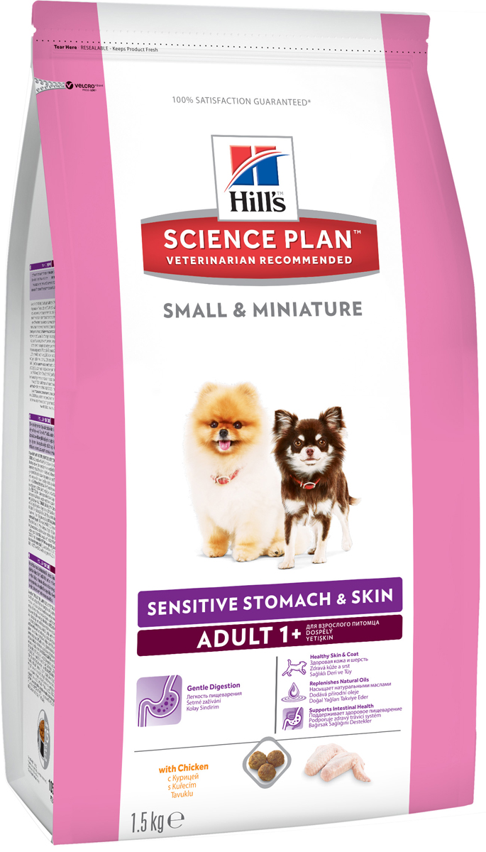 Корм сухой для собак миниатюрных размеров Hills Science Plan Canine Adult 1+ Small & Miniature Sensitive Stomach&Skin, чувстительный желудок и кожа, курица, 1,5 кг10516 Корм сухой для собак миниатюрных размеров Hills Science Plan Canine Adult 1+ Small & Miniature Sensitive Stomach&Skin, чувстительный желудок и кожа, курица, 1,5 кг10516Hill’s Science Plan - это полноценное, точно сбалансированное питание, приготовленное из ингредиентов высокого качества, без добавления красителей и консервантов. Каждый рацион Science Plan содержит эксклюзивный комплекс антиоксидантов с клинически подтвержденным эффектом для поддержки иммунной системы Вашего питомца.Если вы решили перевести вашу собаку на рацион Hills Science Plan, это необходимо сделать постепенно в течение 7 дней. Смешивайте прежний корм с новым, постоянно увеличивая долю последнего до полного перехода на Hills Science Plan. Тогда ваш питомец сможет в полной мере насладиться вкусом и преимуществами превосходного питания, которое обеспечивает рацион Hills Science Plan.Рекомендуется- Собакам от 1 года мелких и миниатюрных пород для улучшения работы пищеварительного тракта и поддержания здоровья кожиНе рекомендуется- Кошкам- Щенкам- Беременным и лактирующим сукам. В течение беременности и лактации суку необходимо перевести на рацион для щенков Science Plan Puppy Small & Miniature.Ключевые преимущества- Содержание мяса птицы 34% - ингредиент №1 - Контролируемое содержание протеина, кальция, фосфора и натрия обеспечивает точный баланс питательных веществ для крепкого здоровья. Не допускает избытка нутриентов, который может навредить здоровью.- Высокое содержание омега-3, 6 -жирных кислот поддерживает низкий уровень медиаторов воспаления, улучшает состояние кожи и шерсти- Высокое содержание протеинов обеспечивает необходимыми питательными веществами, улучшающими рост шерсти и здоровье кожи.- Хорошо измельченные злаки улучшают пищеварение и всасывание нутриентов- Уникальная смесь клетчатки для поддержания здоровья ЖКТ - Растворимая клетчатка (из волокон овса и свекольной пульпы) служит источником короткоцепочных жирных кислот, которые питают клетки кишечника и поддерживают нормальную микрофлору кишечника- Нерастворимая клетчатка (из волокон овса и свекольной пульпы) помогает нормализовать моторику пищеварительного тракта- Комплекс антиоксидантов нейтрализует действие свободных радикалов и помогает поддерживать здоровье желудочно-кишечного тракта.- Мелкие гранулы специально разработаны для собак мелких и миниатюрных пород- Не содержит искусственных ароматизаторов и красителейИнгредиенты сухого рационаКурица 22%, общее содержание мяса птицы 34%. Состав: мука из курицы и индейки, размолотый рис, кукуруза, коричневый рис, ячмень, овес, мука из кукурузного глютена, животный жир, гидролизат белка, растительное масло, сухая пульпа сахарной свеклы, семя льна, минералы. СРЕДНЕЕ СОДЕРЖАНИЕ НУТРИЕНТОВ Показатель в рационеБелок, % 22,9 Жир, % 14,5 Клетчатка, % 1,7 Омега-3 жирные кислоты, % 0,65 Омега-6 жирные кислоты, % 3,68 Зола, % 5,1 Кальций,% 0,82 Фосфор, % 0,70 Натрий,% 0,27 Калий, % 0,64 Магний, % 0,09 Витамин Е, мг на 1кг 690 Витамин С, мг на 1кг 105 Бета-каротин, мг на 1кг 1,5 Витамин А, МЕ на 1кг 42949 Витамин D3, МЕ на 1кг 1804 Железо, мг на 1кг 220 Йод, мг на 1кг 3,3 Медь, мг на 1кг 27,9 Марганец, мг на 1кг 9,7 Цинк, мг на 1кг 187 Селен, мг на 1кг 0,4