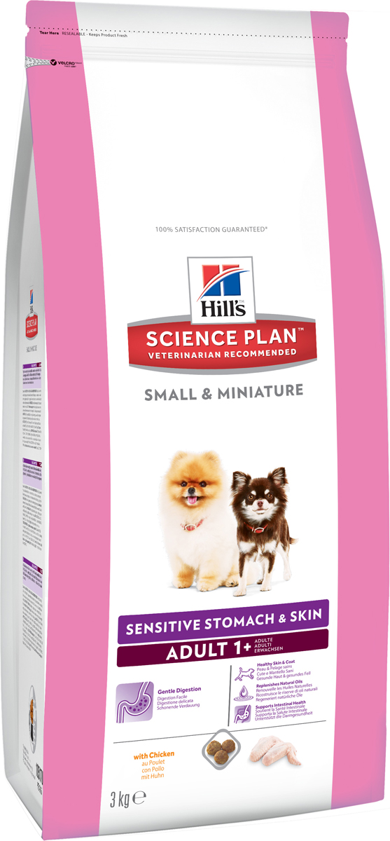 Корм сухой для собак миниатюрных размеров Hills Science Plan Canine Adult 1+ Small & Miniature Sensitive Stomach&Skin, чувстительный желудок и кожа, курица, 3 кг10517 Корм сухой для собак миниатюрных размеров Hills Science Plan Canine Adult 1+ Small & Miniature Sensitive Stomach&Skin, чувстительный желудок и кожа, курица, 3 кг10517Корм Hills Science Plan - это полноценное, точно сбалансированное питание, приготовленное из ингредиентов высокого качества, без добавления красителей и консервантов. Каждый рацион Science Plan содержит эксклюзивный комплекс антиоксидантов с клинически подтвержденным эффектом для поддержки иммунной системы вашего питомца.Рекомендуется: собакам от 1 года мелких и миниатюрных пород для улучшения работы пищеварительного тракта и поддержания здоровья кожи.Не рекомендуется: кошкам, щенкам, беременным и лактирующим сукам. В течение беременности и лактации суку необходимо перевести на рацион для щенков Science Plan Puppy Small & Miniature.Ключевые преимущества: содержание мяса птицы 34% - ингредиент №1. Контролируемое содержание протеина, кальция, фосфора и натрия обеспечивает точный баланс питательных веществ для крепкого здоровья. Не допускает избытка нутриентов, который может навредить здоровью.Высокое содержание омега-3, 6 -жирных кислот поддерживает низкий уровень медиаторов воспаления, улучшает состояние кожи и шерсти.Высокое содержание протеинов обеспечивает необходимыми питательными веществами, улучшающими рост шерсти и здоровье кожи.Мелкие гранулы специально разработаны для собак мелких и миниатюрных пород.Корм не содержит искусственных ароматизаторов и красителей.Ингредиенты сухого рациона: курица 22%, общее содержание мяса птицы 34%.Состав: мука из курицы и индейки, размолотый рис, кукуруза, коричневый рис, ячмень, овес, мука из кукурузного глютена, животный жир, гидролизат белка, растительное масло, сухая пульпа сахарной свеклы, семя льна, минералы.Анализ: белок - 22,9%, жир - 14,5%, клетчатка - 1,7%, омега-3 жирные кислоты - 0,65%, омега-6 жирные кислоты - 3,68%, зола - 5,1%, кальций - 0,82%, фосфор - 0,70%, натрий - 0,27%, калий - 0,64%, магний - 0,09%. Добавки: витамин Е 690 мг, витамин С 105мг, бета-каротин 1,5 мг.Товар сертифицирован.