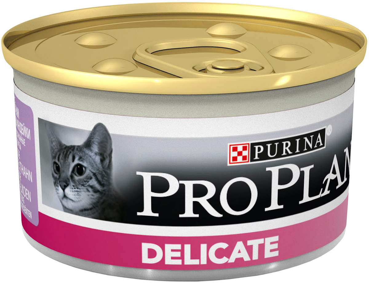 Консервы Pro Plan Delicate для кошек с чувствительным пищеварением, с индейкой, 85 г12066943 Консервы Pro Plan Delicate для кошек с чувствительным пищеварением, с индейкой, 85 г12066943Консервы Pro Plan Nutri Savour помогают уменьшить кожные реакции, связанные с пищевой непереносимостью. Нежные кусочки в пикантном соусе очень привлекательны для кошек благодаря запатентованной технологии. Доказано: способствует улучшению пищеварения благодаря содержанию инулина, пребиотика, который помогает сбалансировать кишечную флору кошек с повышенной чувствительностью.Состав: мясо и субпродукты (из которых индейка 20%), масла и жиры, продукты переработки овощей, минеральные вещества, сахара. Добавленные вещества: МЕ/кг: Витамин А 1645, Витамин D3 230, мг/кг: железо 15,7, йод 0,6, медь 1,5, марганец 2,75, цинк: 42,5, селен 0,03. Гарантируемые показатели (%): влажность 75,0, белок 11,5, жир 8,1, сырая зола 2,7, сырая клетчатка 0,4.Товар сертифицирован.