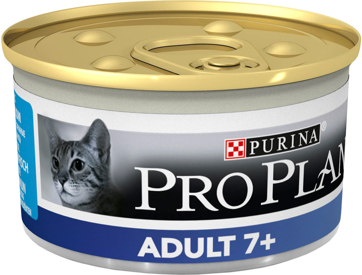 Консервы для пожилых кошек Pro Plan Adult 7+, мусс с тунцом, 85 г12171996 Консервы для пожилых кошек Pro Plan Adult 7+, мусс с тунцом, 85 г12171996Консервы для кошек Pro Plan Light - полнорационный консервированный корм для пожилых кошек старше 7 лет. Мусс с тунцом. Тщательно отобранные ингредиенты. Особенности: - помогает поддерживать основные жизненные функции (иммунную, почечную и пищеварительную), баланс микрофлоры кишечника для здорового пищеварения, - сбалансированное содержание минеральных веществ для здоровой мочевыводящей системы - подходит для кормления стерилизованных кошек и кастрированных котов.Состав: мясо и субпродукты, рыба и продукты переработки рыбы (из которых 4% тунец), овощи, масла и жиры, минеральные вещества, продукты переработки овощей, сахара. Добавленные вещества (на 1 кг): витамин А 1740 МЕ; витамин D3 245 МЕ; железо 16 мг, йод 0,59 мг; медь 1,5 мг; марганец 2,8 мг; цинк 40,4 мг; селен 0,032 мг. С консервантами. Гарантируемые показатели: влажность 75%, белок 10,2%, жир 9,4%, сырая зола 2,8%, сырая клетчатка 0,2%. Товар сертифицирован.