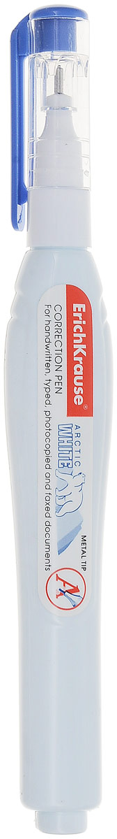 Erich Krause Ручка-корректор Arctic White цвет синий 10 мл789532_синий Erich Krause Ручка-корректор Arctic White цвет синий 10 мл789532_синийУдобная ручка для коррекции записи очень компактная, ее можно положить в детский пенал или сумку.Редактирование текста производится при помощи специальной белой жидкости, размешанной в прочном пластиковом корпусе. Наконечник тонкий, можно незаметно исправлять даже мельчайшие детали. Наконечник выполнен из металла, что обеспечивает его прочность.Для предотвращения высыхания жидкости в комплект входит колпачок, плотно закрывающий выходное отверстие.