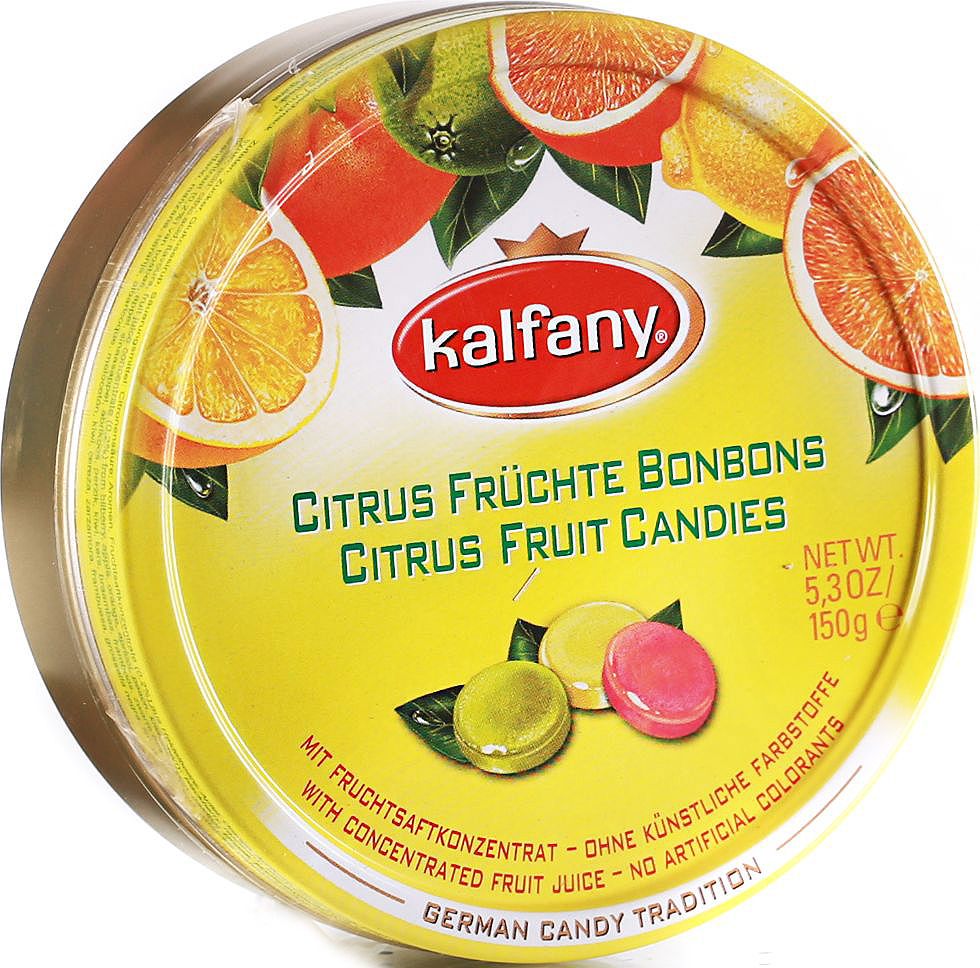 Kalfany Фруктовое ассорти леденцы, 150 г6.6.51 Kalfany Фруктовое ассорти леденцы, 150 г6.6.51Фруктовые леденцы со вкусом лимона, апельсина и черной смородины. С концентрированным фруктовым соком.