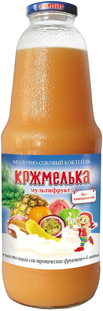 Кржмелька коктейль молочно-соковый мультифрукт, 1,03 л4610008500905 Кржмелька коктейль молочно-соковый мультифрукт, 1,03 л4610008500905Кржмелька - премиальные молочно-соковые коктейли, обогащенные витаминами. Исключительно профильные соки – моно вкусы, то есть используются соки, соответствующие наименованиям.Сбалансированное сочетание молока и настоящего профильного сока рождает тонкий и изысканный вкус коктейлей, а дополнительную пользу придает витаминный комплекс из 4-х витаминов (В6, Н, В5, РР).Экологическая чистота стеклянной бутылки и уникальная технология розлива при щадящем температурном режиме позволяют сохранить всю пользу молока и сока в коктейлях Кржмелька практически в неизменном виде на всем протяжении срока хранения без использования консервантов.