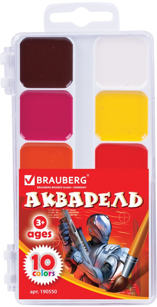 Brauberg Акварель 10 цветов190550 Brauberg Акварель 10 цветов190550Акварельные краски Brauberg имеют яркие насыщенные цвета, дают множество оттенков при смешивании и обеспечивают однородное окрашивание.Акварель предназначена для детского творчества и различных художественных работ.