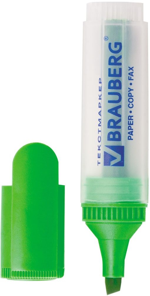 Brauberg Маркер Fluo цвет зеленый150399 Brauberg Маркер Fluo цвет зеленый150399Маркер Brauberg Fluo предназначен для выделения текста на бумаге любого типа, включая факс-бумагу. Светоустойчивые чернила не выцветают даже на открытом солнце и не заметны при передаче текста по факсу. Текстовый маркер имеет прозрачный пластиковый корпус и скошенный износоустойчивый наконечник. Маркер отличают продленная линия письма, экономный расход чернил.Ширина линии письма – 1-5 мм.