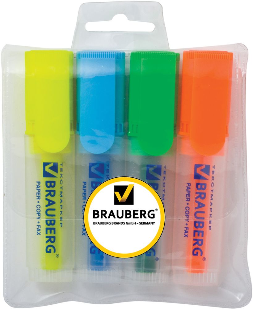 Brauberg Набор маркеров Fluo 4 цвета 150403150403 Brauberg Набор маркеров Fluo 4 цвета 150403150403Набор маркеров Brauberg Fluo предназначены для выделения текста на бумаге любого типа, включая факс-бумагу. Светоустойчивые чернила не выцветают даже на открытом солнце и не заметны при передаче текста по факсу. Имеют прозрачный пластиковый корпус. Скошенный износоустойчивый наконечник. Ширина линии письма – 1-5 мм. Продленная линия письма, экономный расход чернил. В наборе 4 цвета: лимонный, зеленый, оранжевый, голубой.