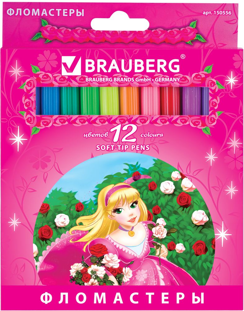 Brauberg Набор фломастеров Rose Angel 12 цветов 150556150556 Brauberg Набор фломастеров Rose Angel 12 цветов 150556150556Практичные и безопасные фломастеры Brauberg Rose Angel выполнены в полипропиленовом корпусе, который значительно продлевает срок службы фломастеров, а вентилируемый колпачок не причинит вреда при попадании в дыхательные пути малыша. Обладают яркими насыщенными цветами. Чернила легко отстирываются с одежды и смываются с рук. Утолщенный корпус отлично подходит для юных художников. Специальные чернила на водной основе легко смываются с кожи и удаляются с большинства тканей. Нетоксичные.