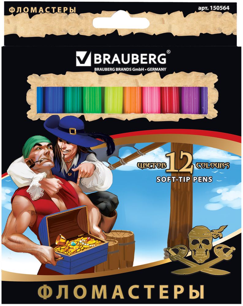 Brauberg Набор фломастеров Корсары 12 цветов 150564150564 Brauberg Набор фломастеров Корсары 12 цветов 150564150564Практичные и безопасные фломастеры понравятся юным любителям приключений.Полипропиленовый корпус и вентилируемый колпачок значительно продлевают срок службы фломастеров. Фломастеры на водной основе, смываемые, нетоксичные.