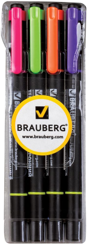 Brauberg Набор маркеров 4 цвета150845 Brauberg Набор маркеров 4 цвета150845Набор маркеров Brauberg предназначены для выделения текста на бумаге любого типа, включая факс-бумагу. Светостойкие чернила незаметны при передаче текста по факсу. Имеют два скошенных наконечника на противоположных концах корпуса, подающие чернила двух разных цветов. Толщина линии письма - 1-4 мм. Скошенные наконечники. Цвет чернил - лимонный/розовый, зеленый, оранжевый, фиолетовый. Выделение фиолетовыми чернилами видно при копировании документа.