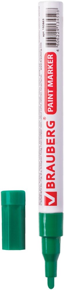 Brauberg Маркер-краска цвет зеленый 150870150870 Brauberg Маркер-краска цвет зеленый 150870150870Маркер Brauberg предназначен для маркировки различных материалов впромышленных условиях: бетона, дерева, стекла, металла, резины, пластика. Пишет по сухим,влажным, жирным, грязным, ржавым поверхностям.Маркер имеет прочный круглый наконечник из пористого акрила и алюминиевый корпус.Заправлен высококачественными стойкими чернилами с лаковым эффектом. Чернила отличаются термо- и водостойкостью, устойчивы к выцветанию.Ширина линии письма - 1-2 мм.Рабочий температурный диапазон - от -15° С до +60° С.