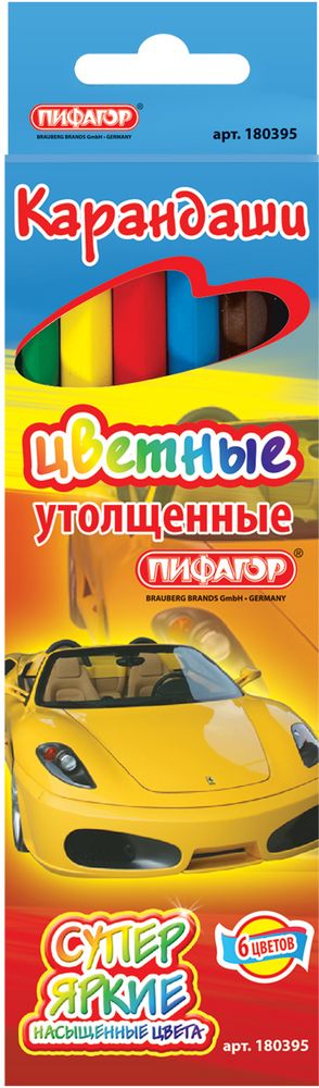 Пифагор Набор цветных карандашей Автомобиль 6 шт180395 Пифагор Набор цветных карандашей Автомобиль 6 шт180395Цветные утолщенные карандаши марки Пифагор изготовлены из экологически чистых материалов высшего качества, имеют шестигранный корпус. Диаметр грифеля - 3 мм. Легко затачиваются.