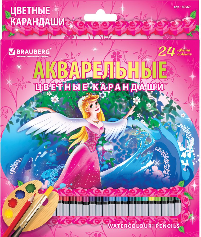 Brauberg Набор акварельных карандашей Rose Angel 24 цвета180569 Brauberg Набор акварельных карандашей Rose Angel 24 цвета180569Карандаши Brauberg изготовлены из высокосортной древесины, легко затачиваются. В наборе 24 цветных акварельных карандаша. Высокое качество грифеля с абсолютной чистотой цвета гарантирует равномерную насыщенность по всей поверхности и 100% растворимость грифеля в воде. Диаметр грифеля: 3 мм.