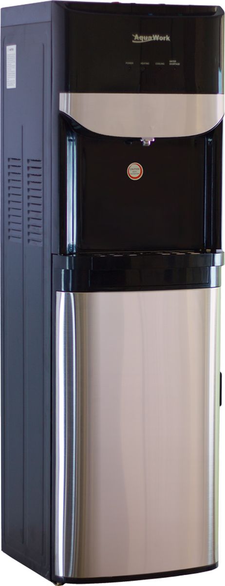 Aqua Work R71-T кулер для воды19342 Aqua Work R71-T кулер для воды19342Напольный компрессорный кулер для воды Aqua Work R71-T отлично смотрится в металлическом черном корпусе с зеркальными вставками.3 кнопки: для подачи холодной, горячей и воды напрямую из распределительного бака, с температурой на 2-3 градуса ниже комнатнойНагрев: не менее 4 литров за 1 час до температуры 85-95 градусовОхлаждение: 2-3 литра в час до температуры 7-10 градусовНа кнопке горячей воды - защита от случайного нажатия (защита от детей)Нагрев и охлаждение отключаются по отдельности тумблерами на задней стенке диспенсера4 светодиодных индикатора, отображающие подключение к 220В, работу систем нагрева и охлаждения, плюс датчик опустошении бутылиК черному корпуса кулера Aqua Work R71-T отлично подходят серебристые и черные стаканодержатели с креплением на магнитах или шурупах
