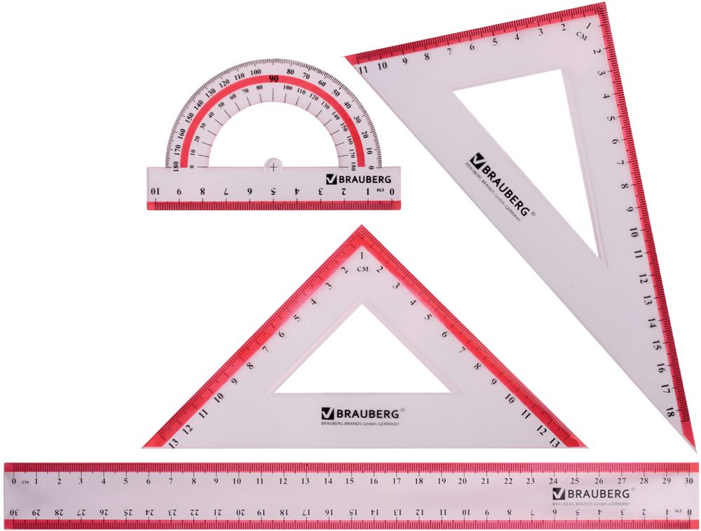 Brauberg Геометрический набор Сrystal 4 предмета210297 Brauberg Геометрический набор Сrystal 4 предмета210297Геометрический набор Brauberg с выделенными шкалами из прочного пластика толщиной 1,6 - 1,8 мм. Предназначен для чертёжных работ. Особенности: • Линейка 30 см/30 см. • Треугольник с углами 30°/60° и шкалами 18,5 см/11 см. • Треугольник с углами 45°/45° и шкалами 13 см/13 см. • Транспортир 180°.