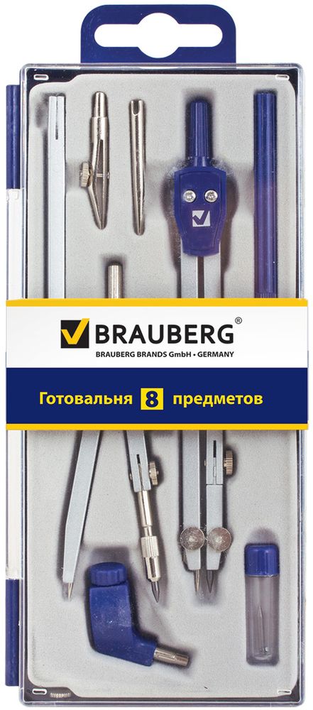 Brauberg Готовальня Student Oxford 8 предметов210350 Brauberg Готовальня Student Oxford 8 предметов210350Металлическая готовальня Brauberg Student Oxford предназначена для учеников старших классов и студентов.В состав готовальни входят 8 предметов:• Циркуль 140 мм с одной сгибаемой ножкой и подстраиваемой иглой. • Кронциркуль. • Рейсфедерная вставка. • Держатель для рейсфедерной вставки. • Игольная вставка. • Держатель для карандаша. • Удлинитель. • Пенал с запасным грифелем.