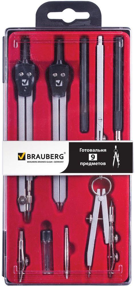 Brauberg Готовальня Architect 9 предметов210353 Brauberg Готовальня Architect 9 предметов210353Металлическая готовальня Brauberg Architect предназначена для учеников старших классов и студентов. В состав готовальни входят 9 предметов:• Циркуль 140 мм с одной сгибаемой ножкой и подстраиваемой иглой. • Кронциркуль с рейсфедером. • Циркуль-измеритель.• Рейсфедер. • Рейсфедерная вставка. • Держатель для рейсфедерной вставки. • Игольная вставка. • Удлинитель. • Запасной грифель.