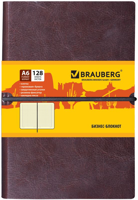 Brauberg Блокнот Western 128 листов в клетку формат А6125241 Brauberg Блокнот Western 128 листов в клетку формат А6125241Блокнот Brauberg Western - незаменимый атрибут современного человека, необходимый для рабочих и повседневных записей в офисе и дома.Внутренний блок состоит из 128 листов кремовой бумаги формата А6 с разметкой в клетку.