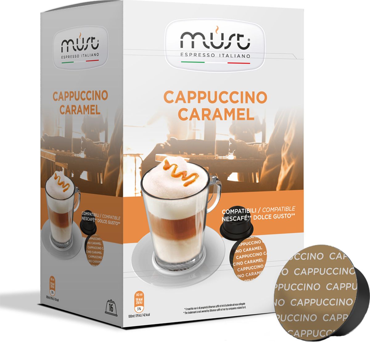 MUST DG Cappucino Caramel кофе в капсулах, 16 шт8056370761296 MUST DG Cappucino Caramel кофе в капсулах, 16 шт8056370761296Этот кофе имеет густую устойчивую пенку, мягкий и нежный вкус, приятный насыщенный аромат карамели.