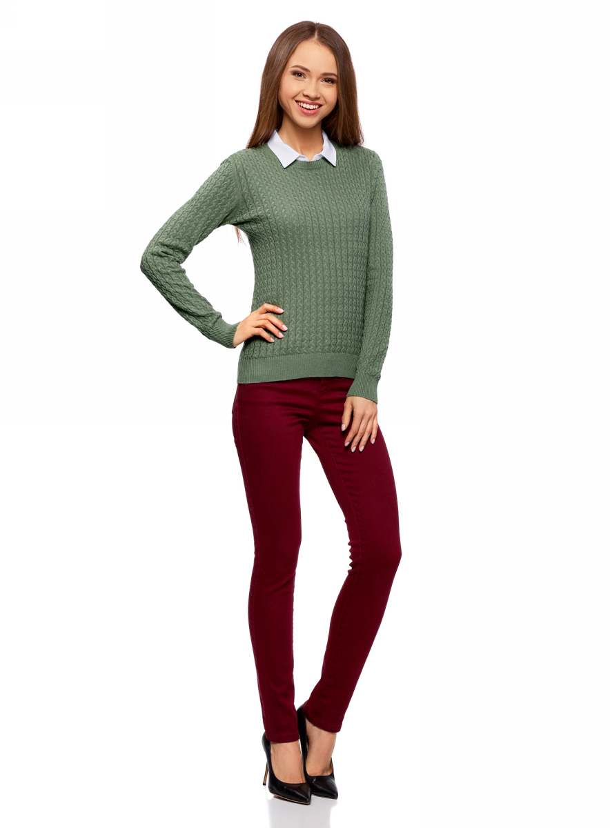 Джемпер женский oodji Collection, цвет: зеленый. 73812624-1B/46139/6200N. Размер M (46)73812624-1B/46139/6200N Джемпер женский oodji Collection, цвет: зеленый. 73812624-1B/46139/6200N. Размер M (46)73812624-1B/46139/6200NЖенский джемпер от oodji выполнен из хлопковой пряжи сложного состава. Модель с длинными рукавами и круглым вырезом горловины выполнена фактурной вязкой в мелкую косичку.