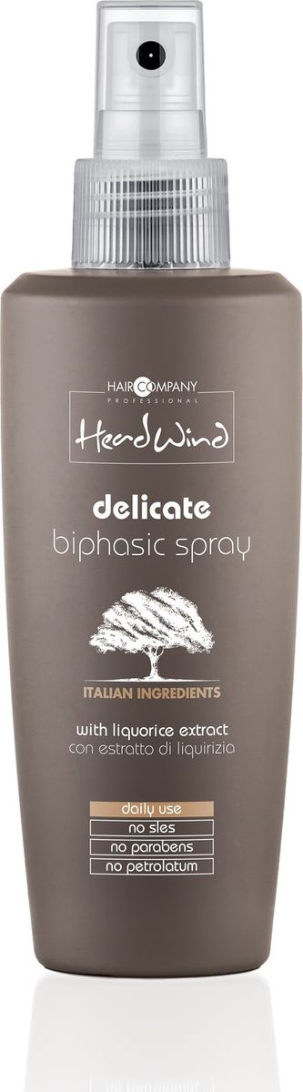 Hair Company Professional Head Wind Delicate Biphasic Spray Мягкий двухфазный спрей, 200 мл256265/LB12529 RUS Hair Company Professional Head Wind Delicate Biphasic Spray Мягкий двухфазный спрей, 200 мл256265/LB12529 RUSДвухфазный спрей Hair Company Head Wind освобождает волосы от загрязнения, наполняет питанием и оживляет их. Волосы приобретают сияние и шелковистость, становятся более послушными. Экстракт итальянской солодки смягчает и снимает воспаления. Спрей Хэя Компани Хэд Винд отлично подходит для ломких волос. Способ применения:Встряхните флакон, распылите средство и высушите волосы. Не смывайте. Объем: 200 мл