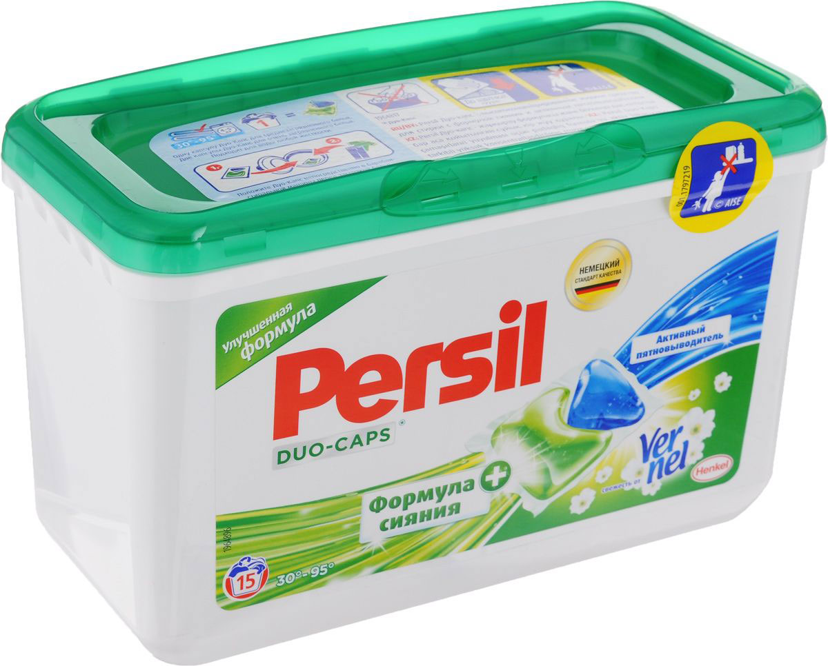 Капсулы для стирки Persil Duo-Caps, свежесть от Vernel, 15 шт935044 Капсулы для стирки Persil Duo-Caps, свежесть от Vernel, 15 шт935044Капсулы Persil Duo-Caps - высококонцентрированное жидкое средство для стирки с улучшенной формулой сияния и активным пятновыводителем. Persil Duo-Caps - последняя инновация в линейке средств для стирки. Подходит для изделий из хлопчатобумажных, льняных, синтетических тканей и тканей из смешанных волокон (кроме шерсти и шелка) в стиральных машинах-автоматах в воде любой жесткости. Пленка 100% водорастворима. Состав: 15 - 30% анионные ПАВ, неионогенные ПАВ, 5-15% мыло,Товар сертифицирован.