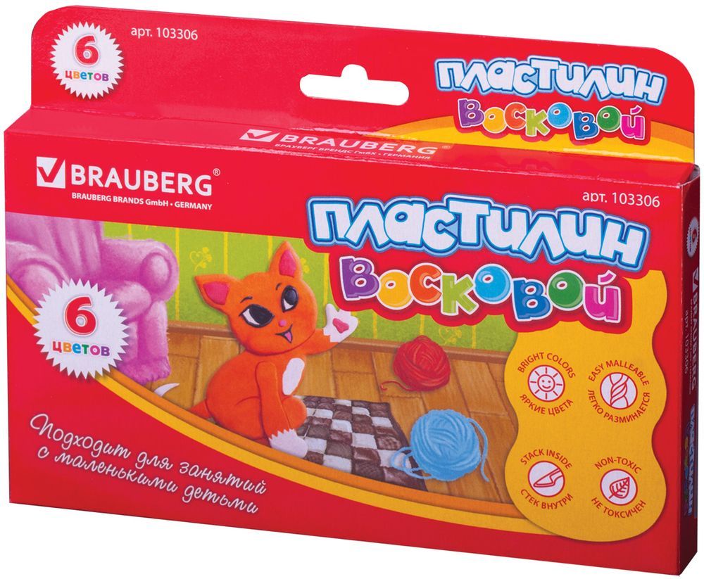 Brauberg Пластилин восковой 6 цветов103306 Brauberg Пластилин восковой 6 цветов103306Пластилин Brauberg на основе воска для малышей от 3 лет. Обладает повышенной мягкостью и пластичностью. Подходит не только для лепки, но и для создания объемных картин на бумаге или доске для лепки.