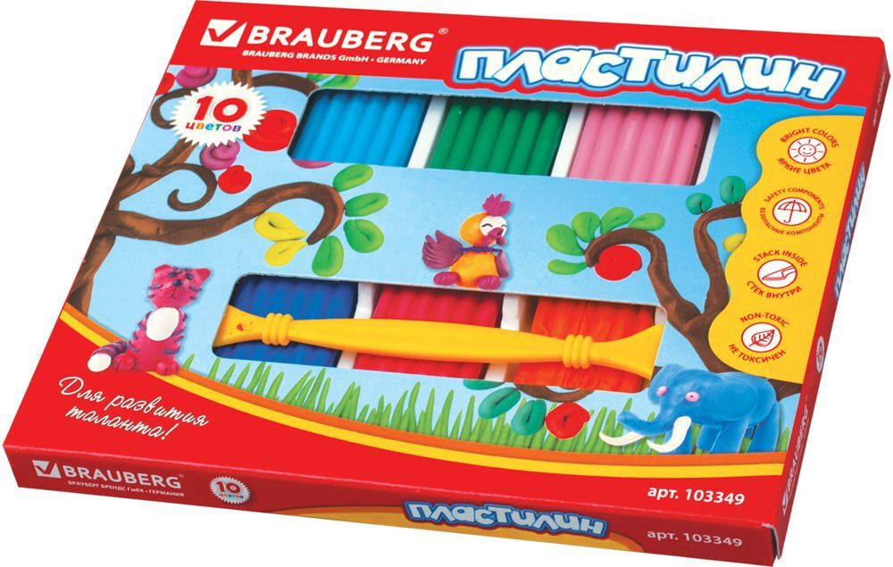 Brauberg Пластилин 10 цветов 250 г103349 Brauberg Пластилин 10 цветов 250 г103349Пластилин Brauberg способствует развитию мелкой моторики у ребенка, творческих способностей, получению положительных эмоций. Обладает высоким качеством, прекрасными пластичными свойствами и мягкостью. Легко принимает нужную форму, имеет яркие, насыщенные цвета.